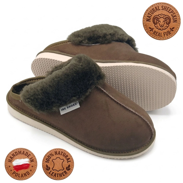 Kapcie damskie IRE SHOES ze skóry owczej naturalny kożuch futro ciepłe ręcznie szyte r. 37