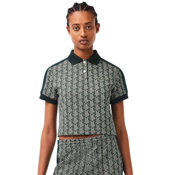 Koszulka damska Lacoste Contrast Collar Monogram crop top zielona r. XS