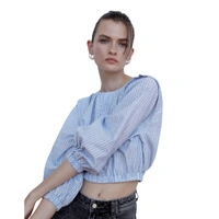 Bluzka damska Zara crop top z lnem niebieska w paski