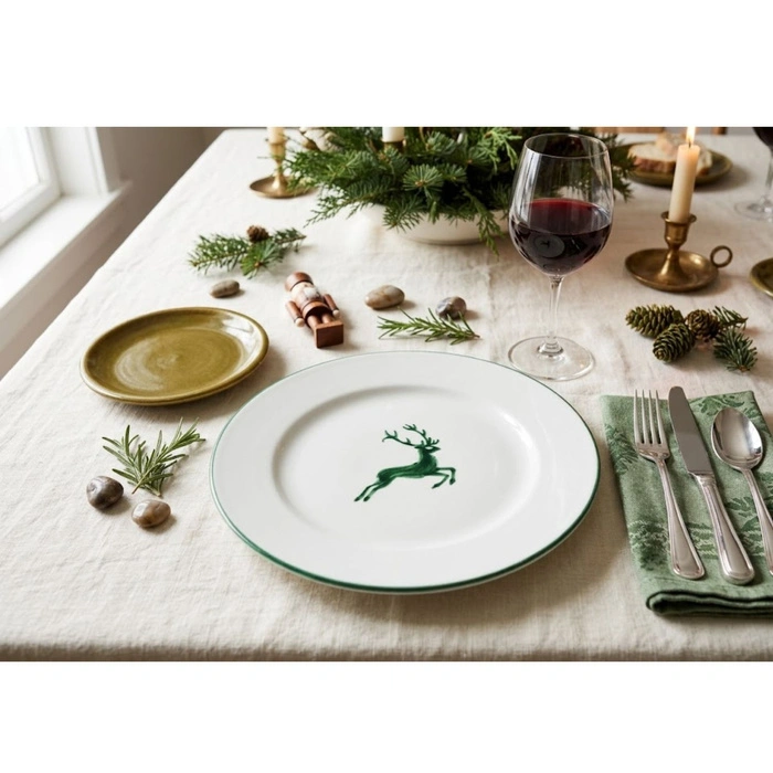 Talerz płaski Gmunder Keramik biały porcelanowy zielony jeleń 27 cm
