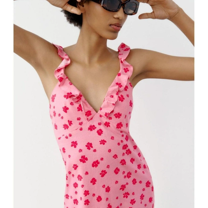 Sukienka damska Zara Floral Print mini letnia lniana w kwiaty