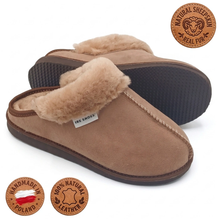 Kapcie damskie IRE SHOES ze skóry owczej naturalny kożuch futro ciepłe ręcznie szyte r. 39
